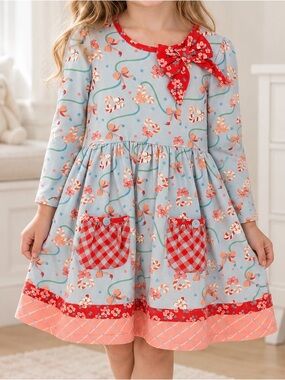 Matilda Jane Blue Floral Dress with Red Gingham Pockets
